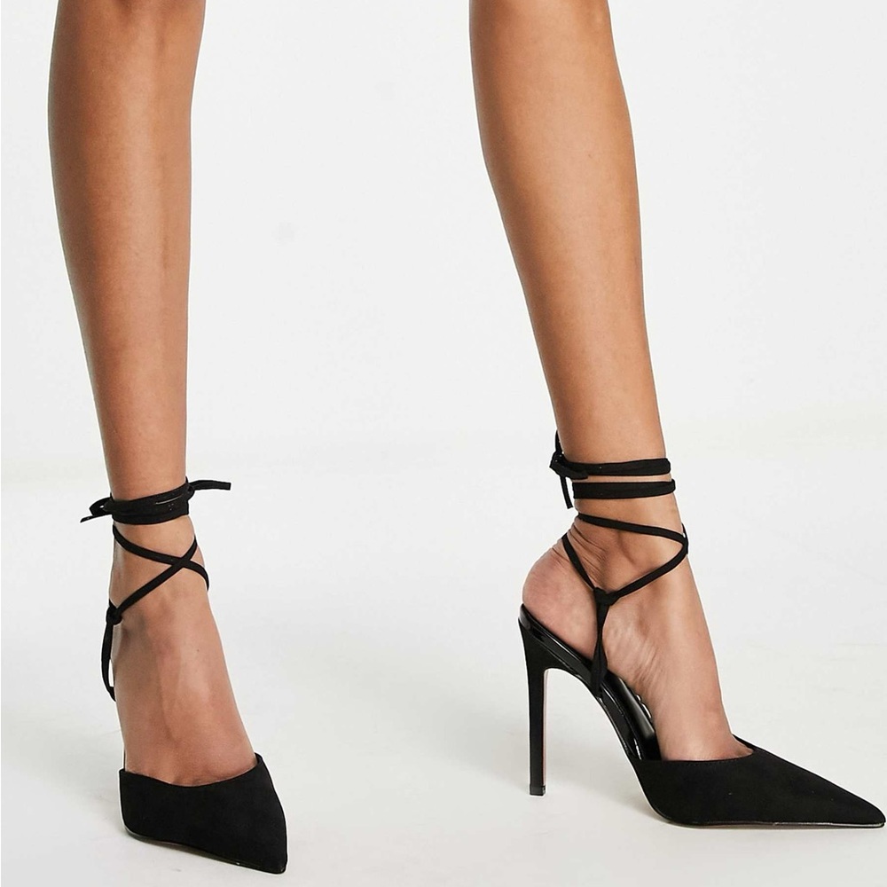 ASOS DESIGN Wide Fit Prize Tie Up Leg Black Suede High Heeled Stilettos